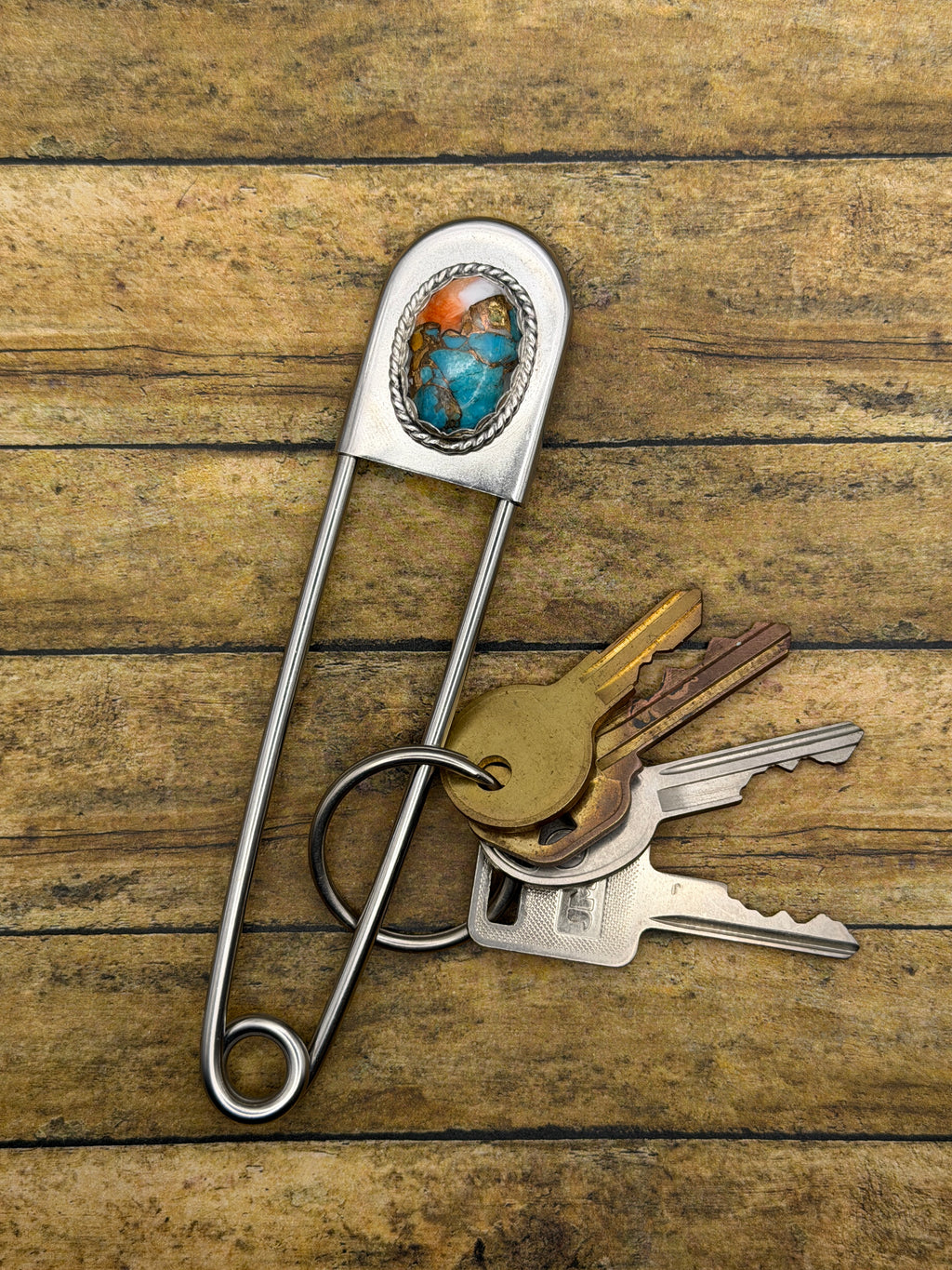 Casper – Spiny Oyster Turquoise Jumbo Safety Pin Keychain | Sterling Silver Details | Statement Jewelry