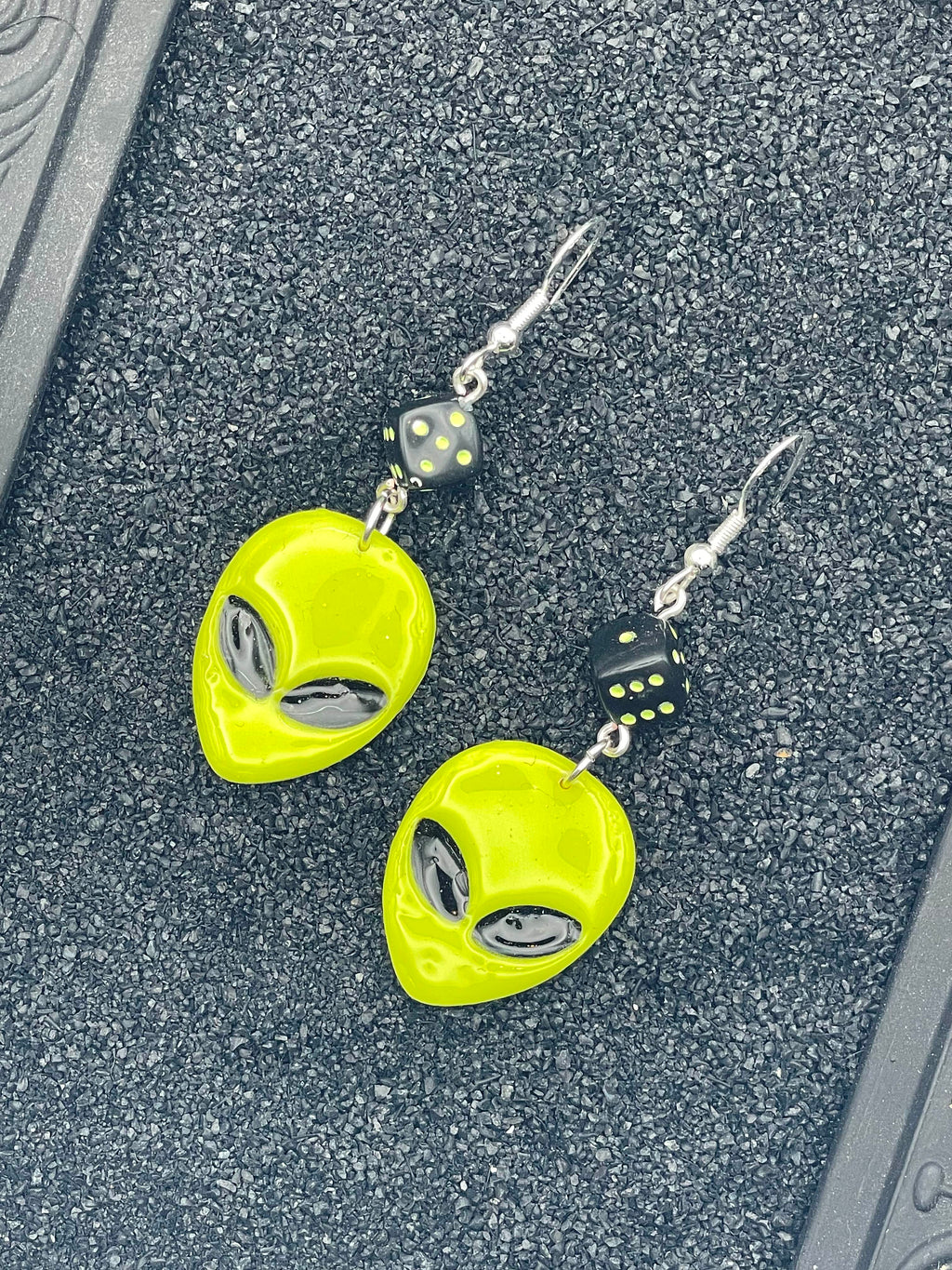 Alien-Alien Invasion Earrings with Dice Detail: Handmade, Hand-Painted Polymer Clay