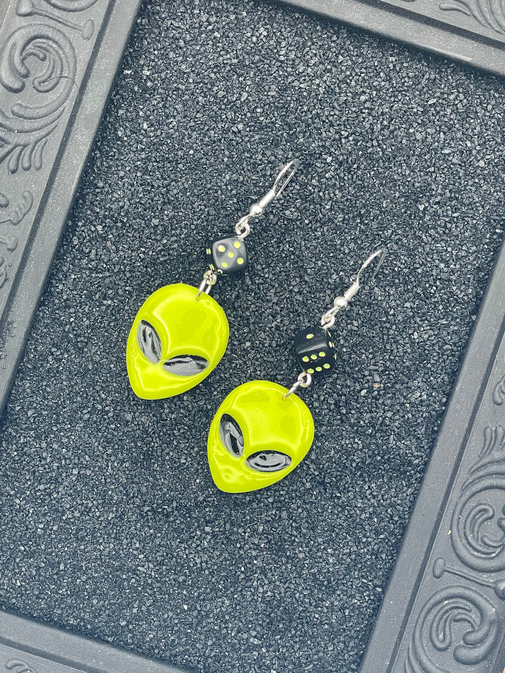 Alien-Alien Invasion Earrings with Dice Detail: Handmade, Hand-Painted Polymer Clay