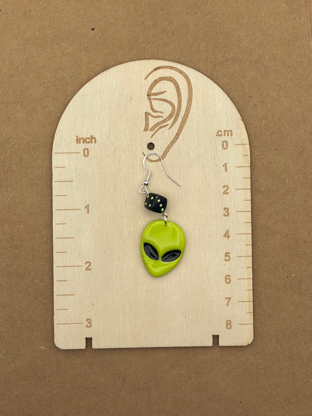 Alien-Alien Invasion Earrings with Dice Detail: Handmade, Hand-Painted Polymer Clay