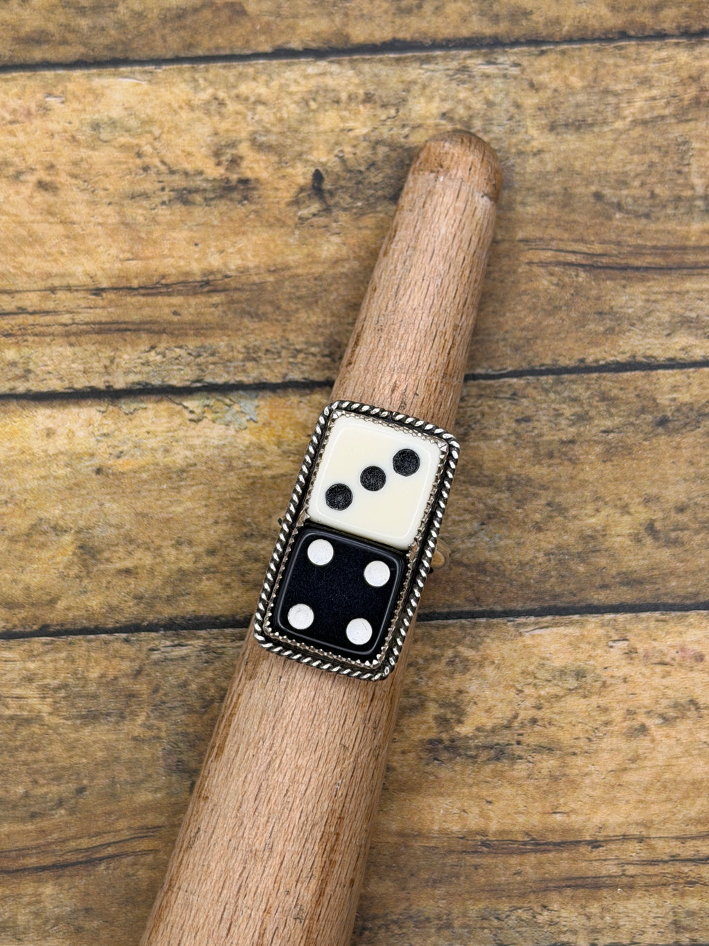 Zandra – Black & White Crisloid Dice Statement Ring | Vintage Casino Jewelry