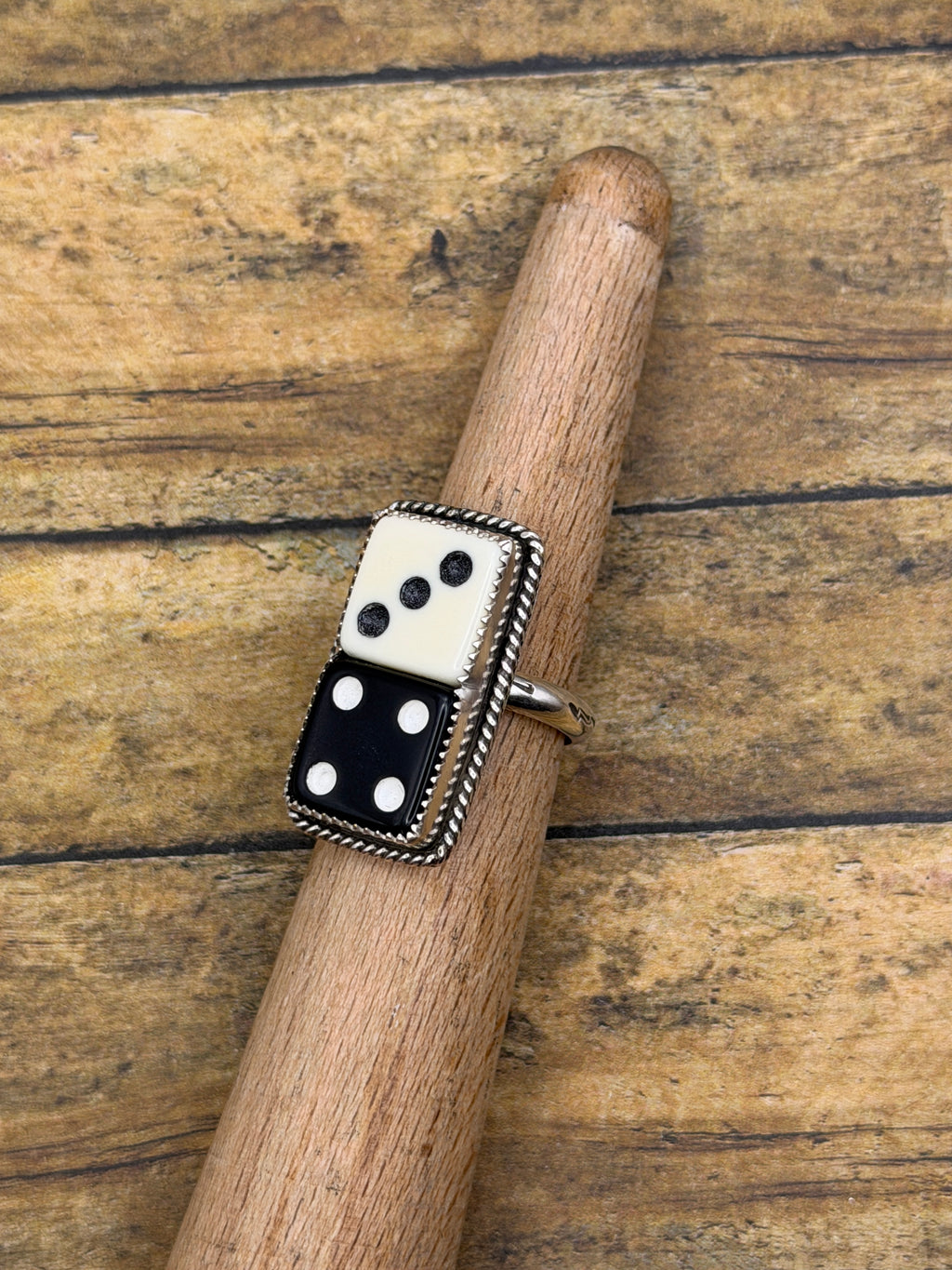 Zandra – Black & White Crisloid Dice Statement Ring | Vintage Casino Jewelry