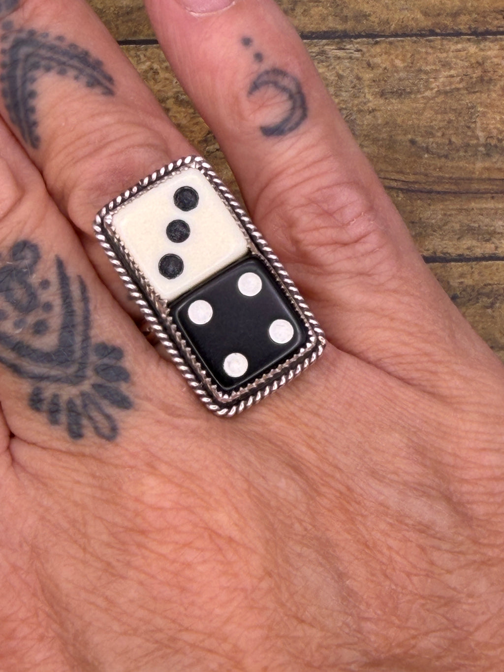 Zandra – Black & White Crisloid Dice Statement Ring | Vintage Casino Jewelry
