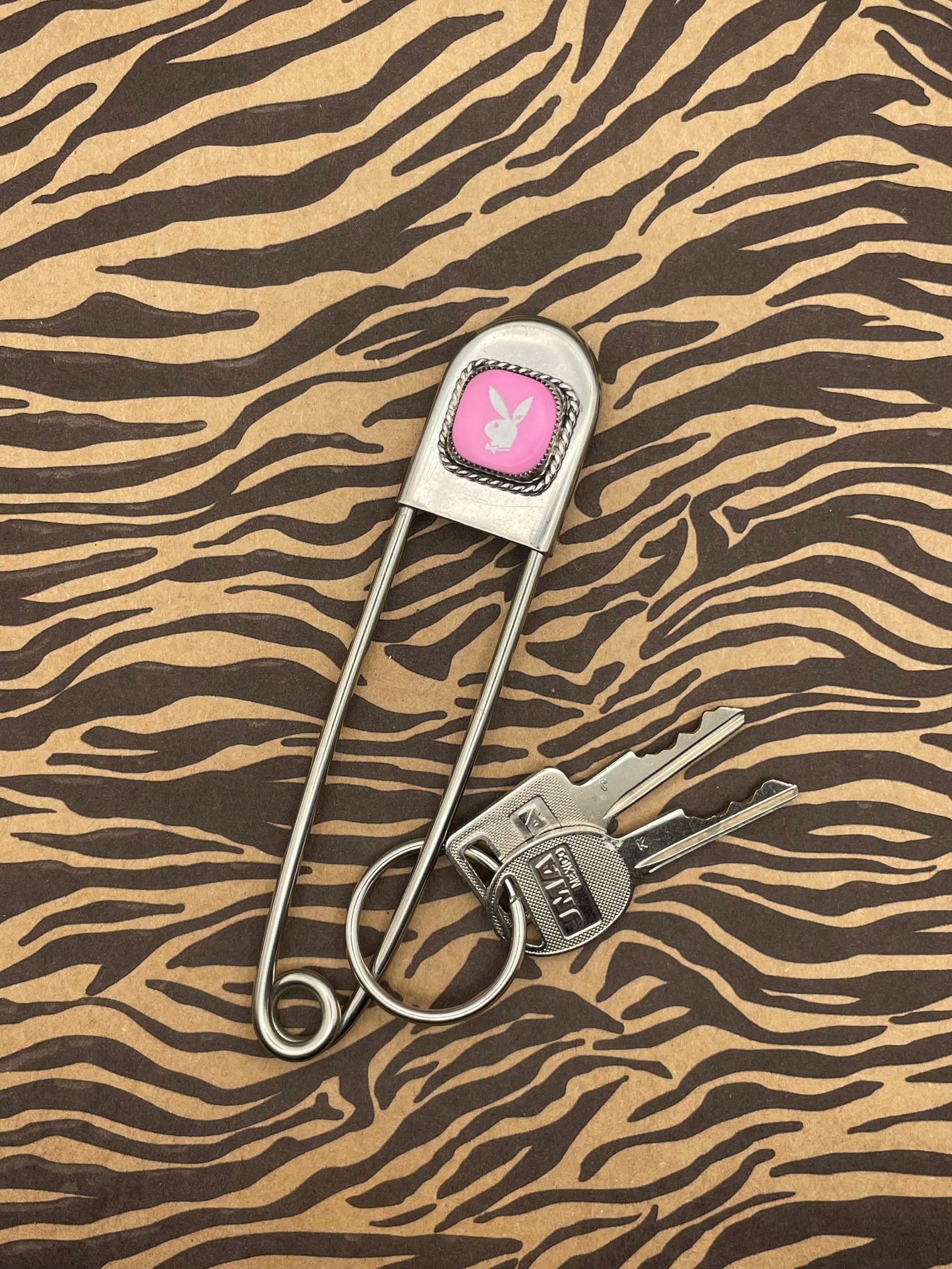 Pink-Jumbo Safety Pin with Pink Vintage Playboy Dice