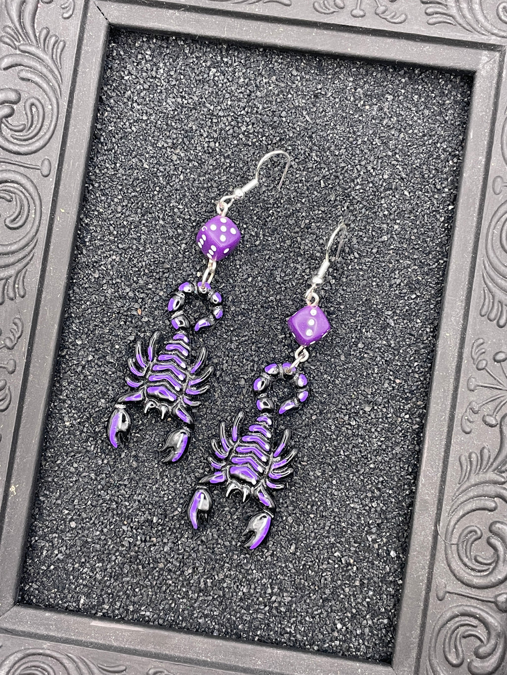 Tattoo-Scorpion Earrings with Dice Details: Handmade, Hand-Painted Polymer Clay