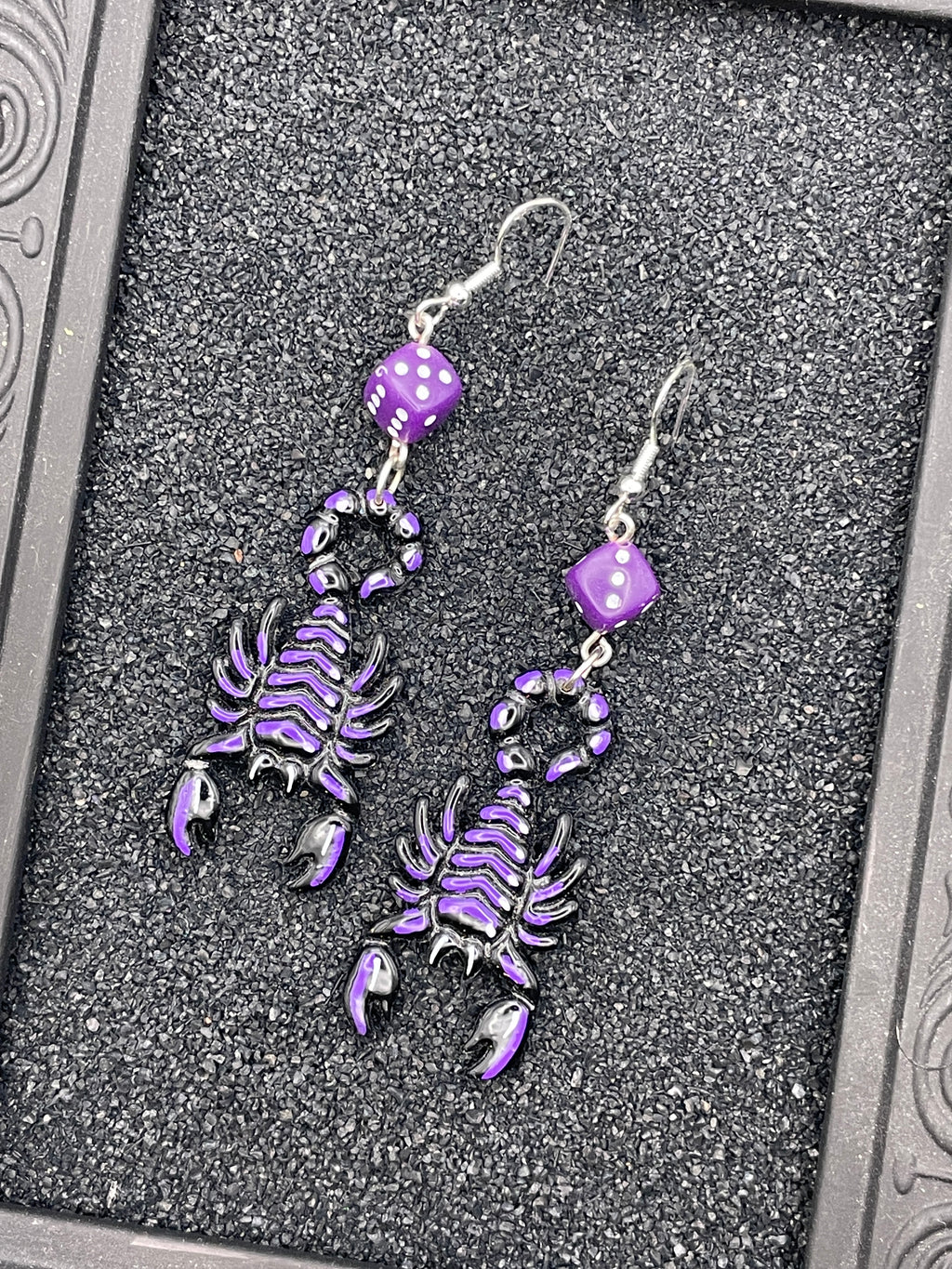 Tattoo-Scorpion Earrings with Dice Details: Handmade, Hand-Painted Polymer Clay