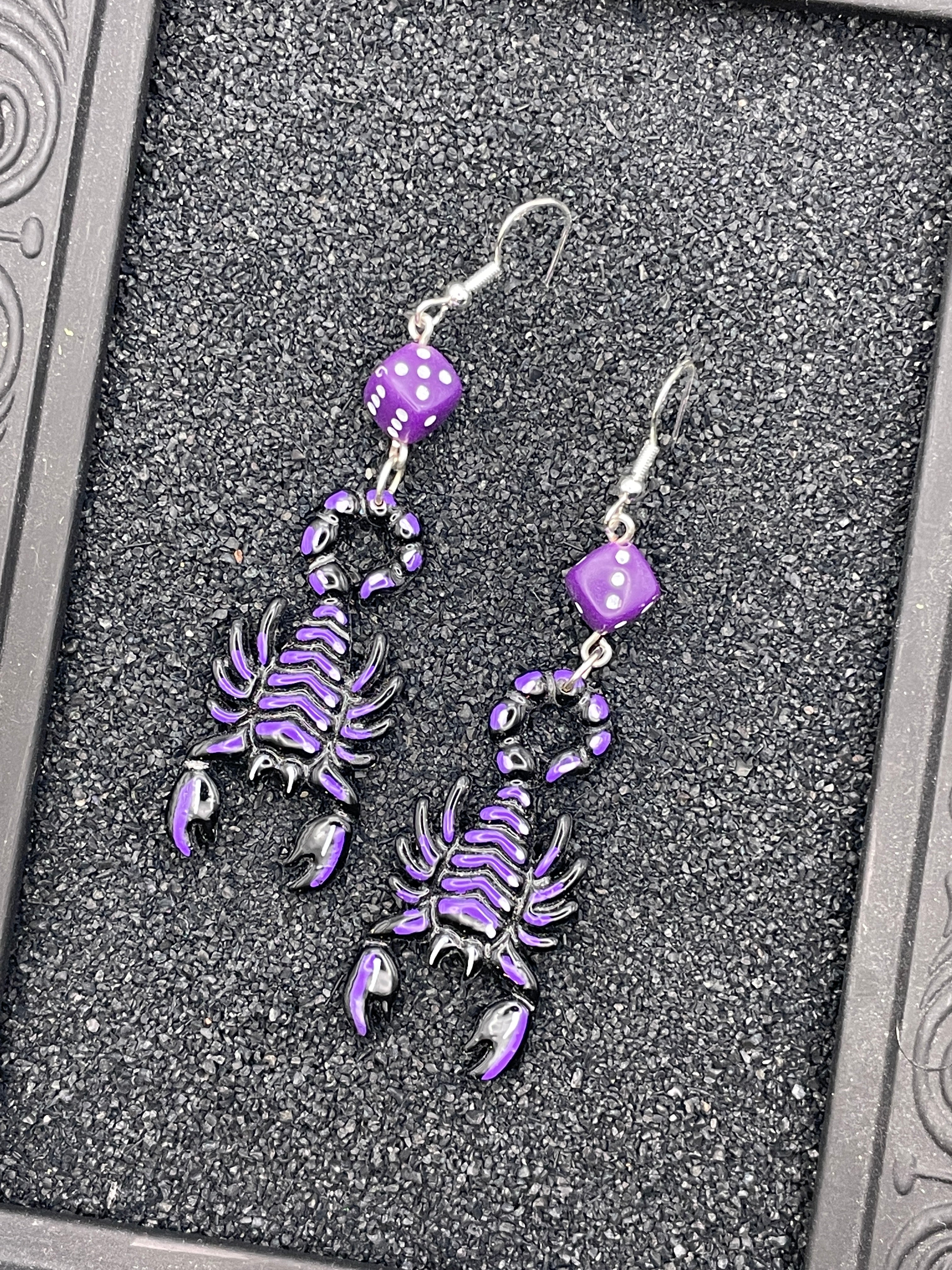 Tattoo-Scorpion Earrings with Dice Details: Handmade, Hand-Painted Polymer Clay