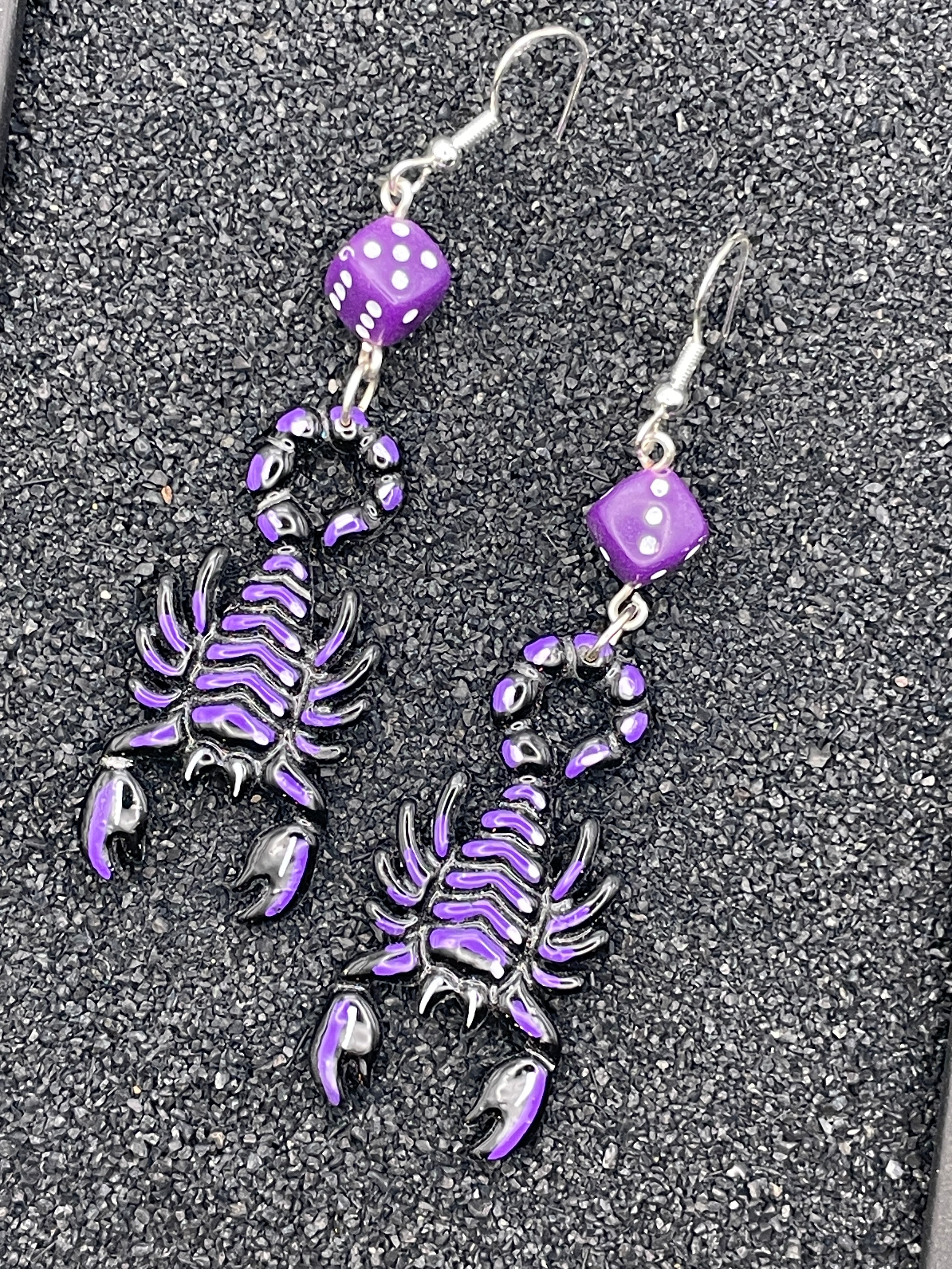 Tattoo-Scorpion Earrings with Dice Details: Handmade, Hand-Painted Polymer Clay