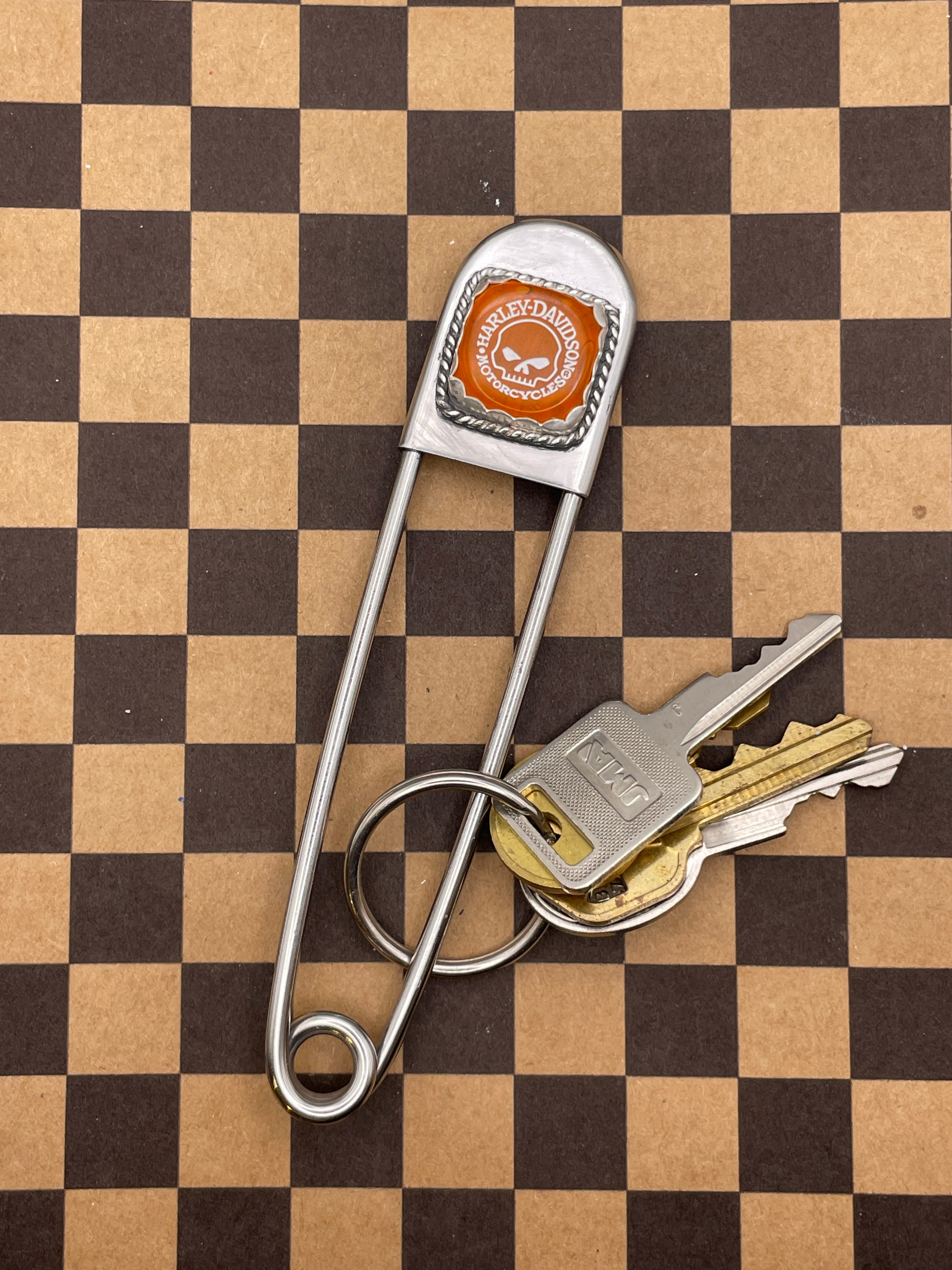 Davidson-Jumbo Safety Pin Keychain with Vintage Harley Davidson Dice