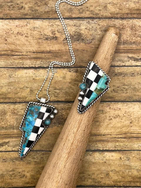 Bea-Checkered and Turquoise Mixed Gemstone Lightning Bolt Pendant/Necklace