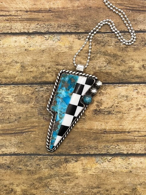 Bea-Checkered and Turquoise Mixed Gemstone Lightning Bolt Pendant/Necklace