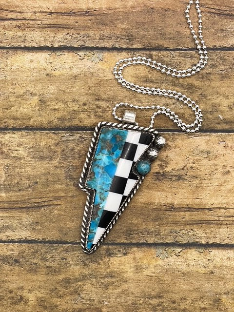 Bea-Checkered and Turquoise Mixed Gemstone Lightning Bolt Pendant/Necklace