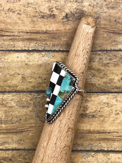 Bo-Checkered and Turquoise Lightning Bolt Ring