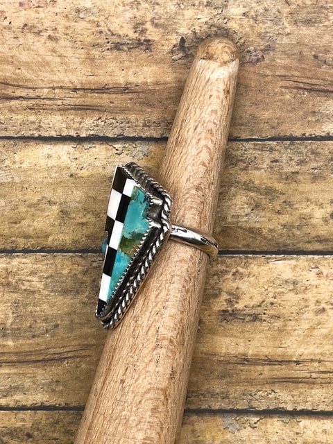Bo-Checkered and Turquoise Lightning Bolt Ring