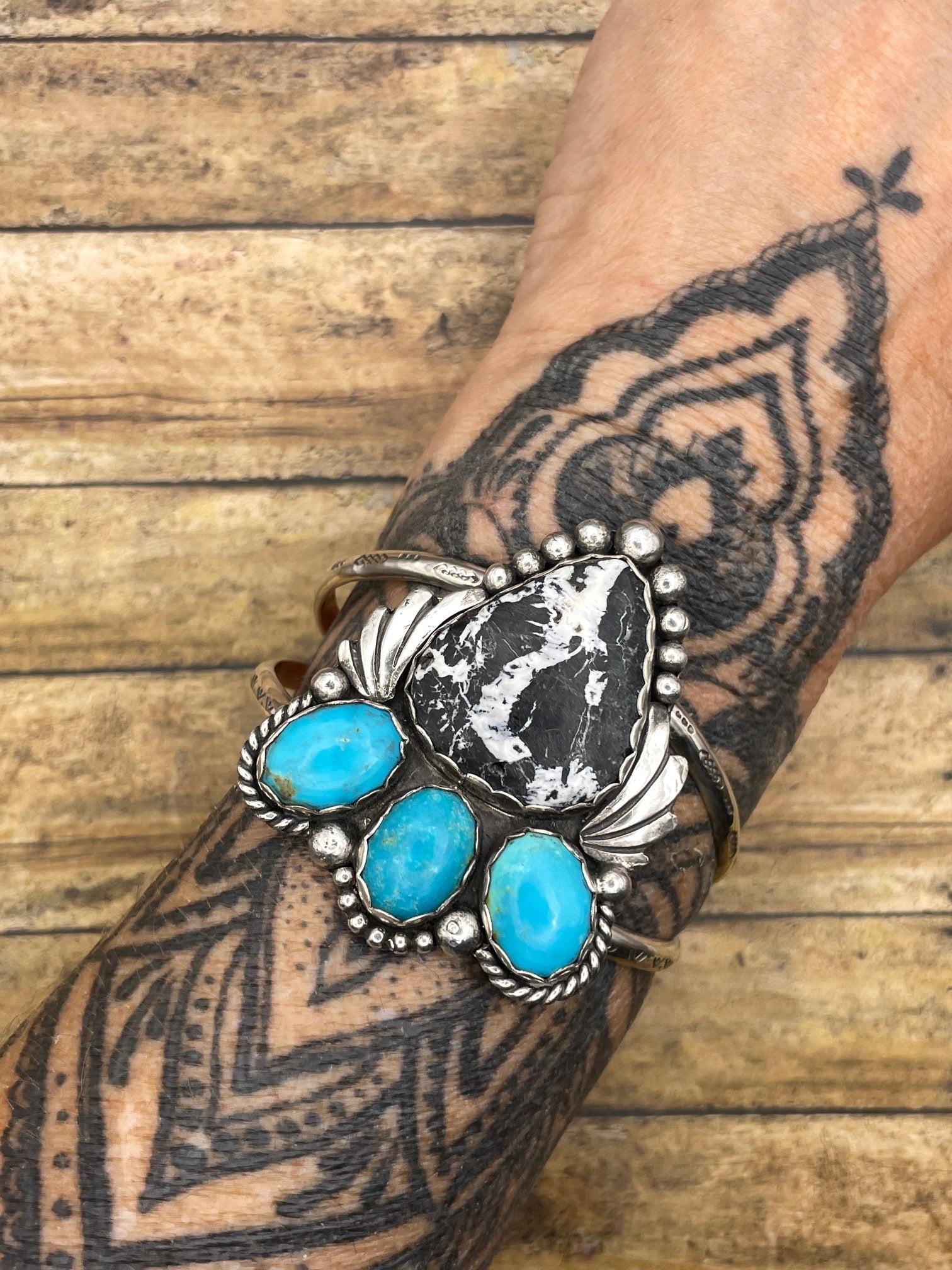 Amelie-White Buffalo and Turquoise Gemstone Sterling Silver Cuff/Bracelet