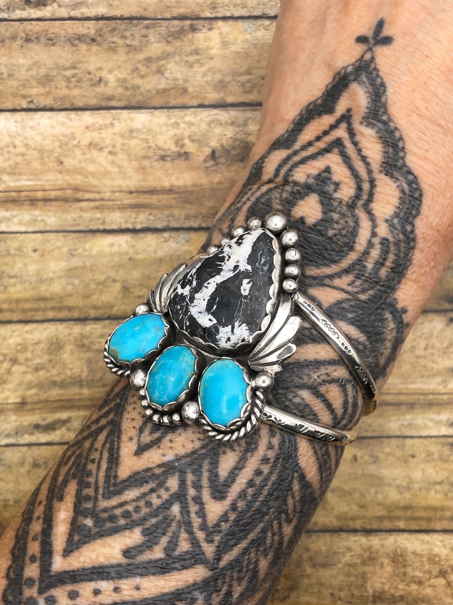Amelie-White Buffalo and Turquoise Gemstone Sterling Silver Cuff/Bracelet