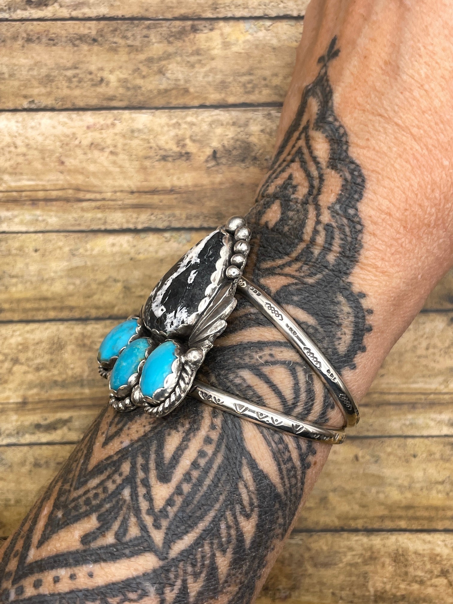 Amelie-White Buffalo and Turquoise Gemstone Sterling Silver Cuff/Bracelet