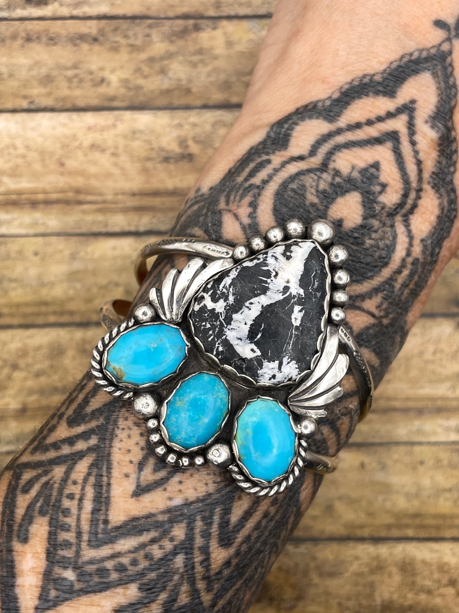Amelie-White Buffalo and Turquoise Gemstone Sterling Silver Cuff/Bracelet