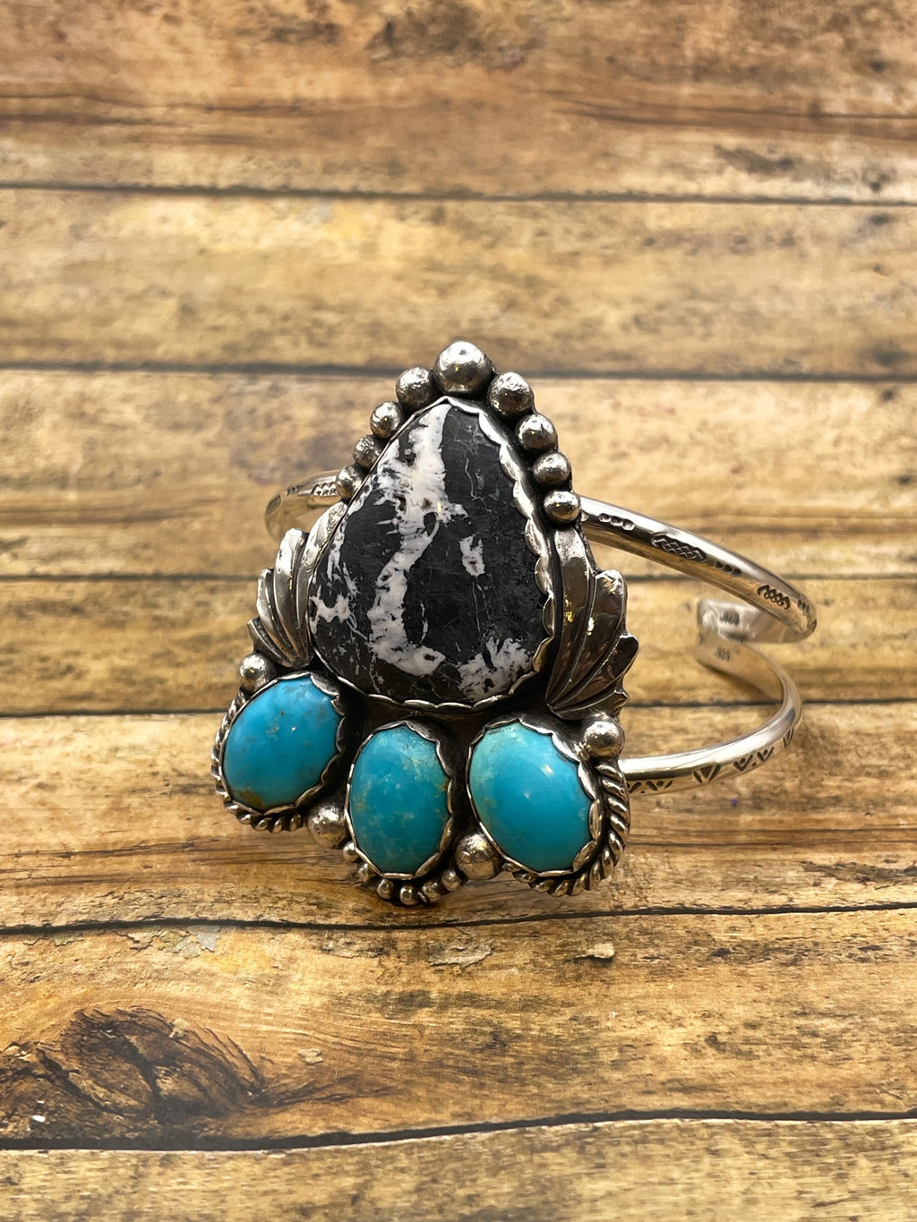 Amelie-White Buffalo and Turquoise Gemstone Sterling Silver Cuff/Bracelet