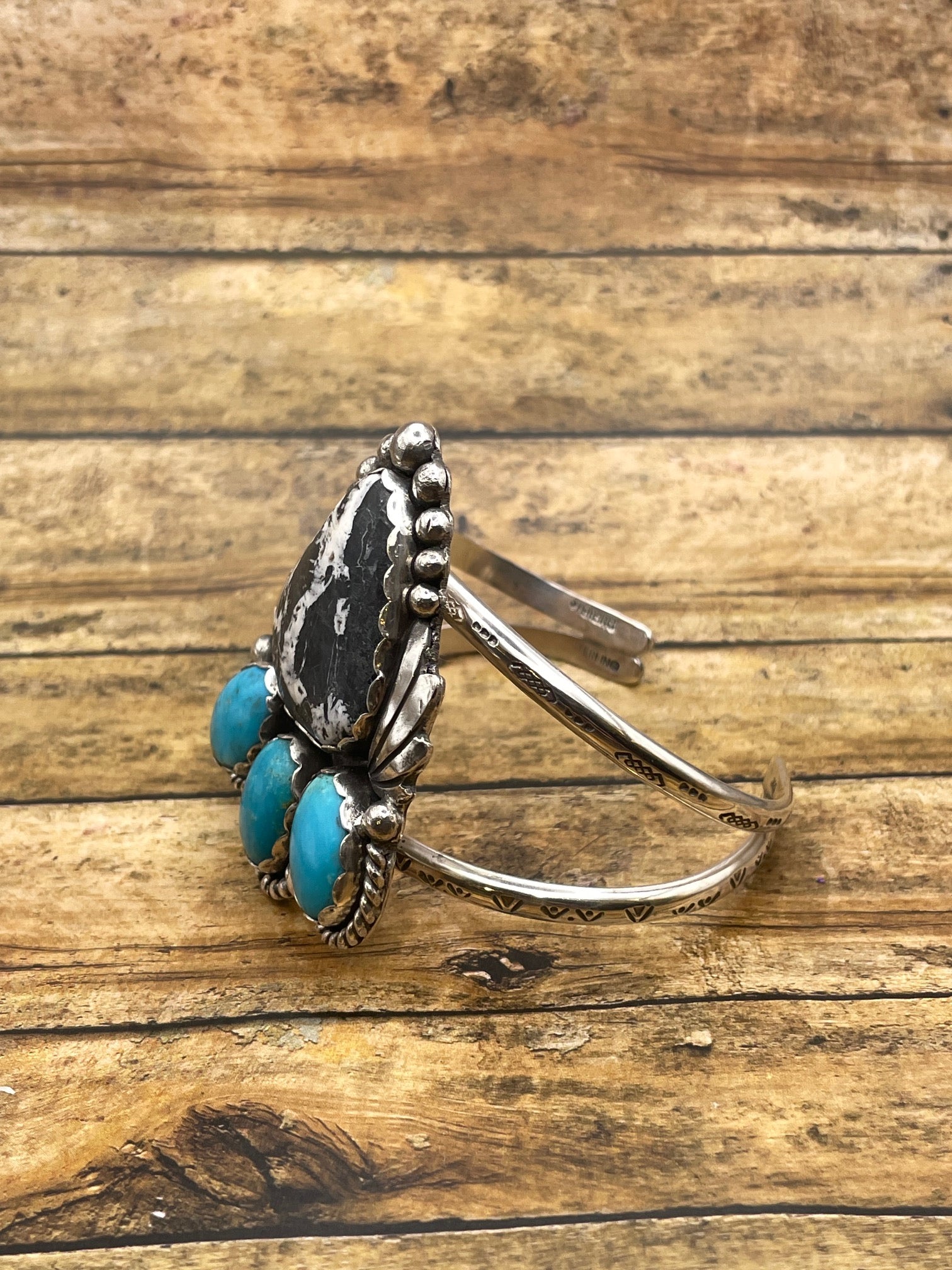 Amelie-White Buffalo and Turquoise Gemstone Sterling Silver Cuff/Bracelet