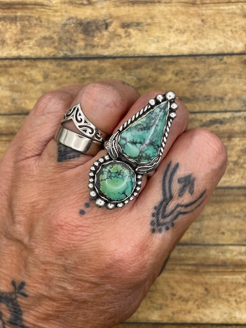 Blake-Turquoise Double Stone with Feather Detail Ring