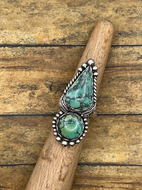 Blake-Turquoise Double Stone with Feather Detail Ring
