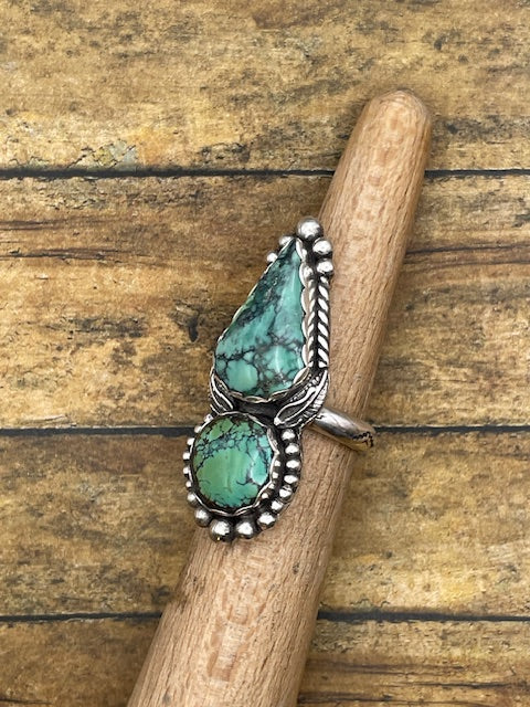 Blake-Turquoise Double Stone with Feather Detail Ring