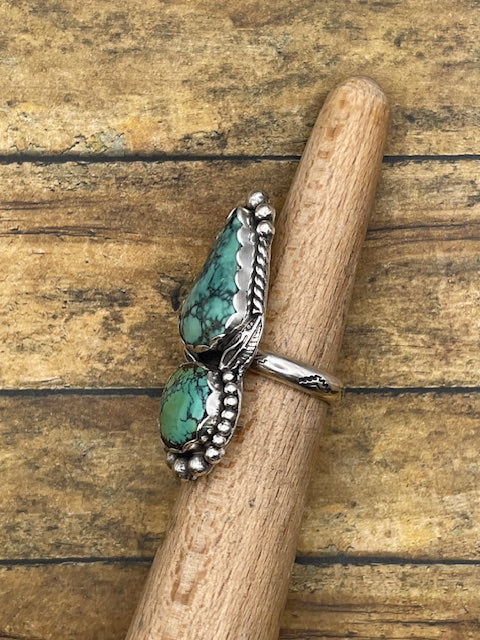 Blake-Turquoise Double Stone with Feather Detail Ring