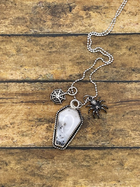Wild-Dendrite Coffin Charm Necklace with Spider and Spiderweb