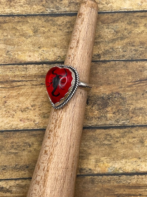 Welch-Black Scorpion in Red Resin Heart Ring