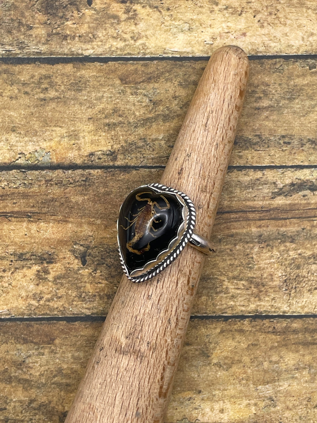 Warner-Golden Scorpion in Black Resin Heart Ring