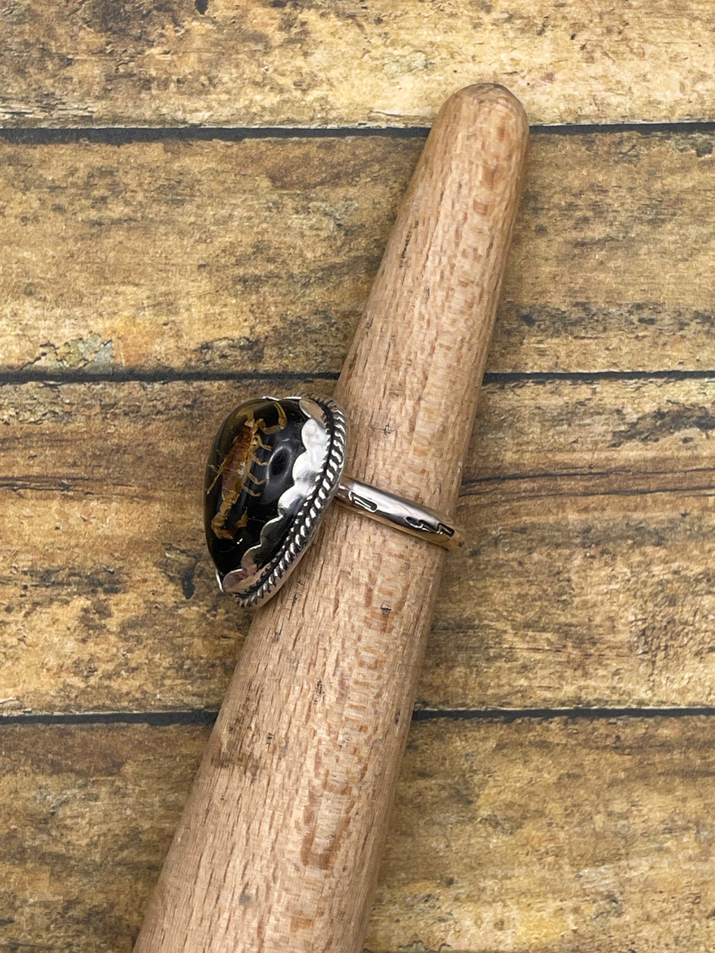 Warner-Golden Scorpion in Black Resin Heart Ring