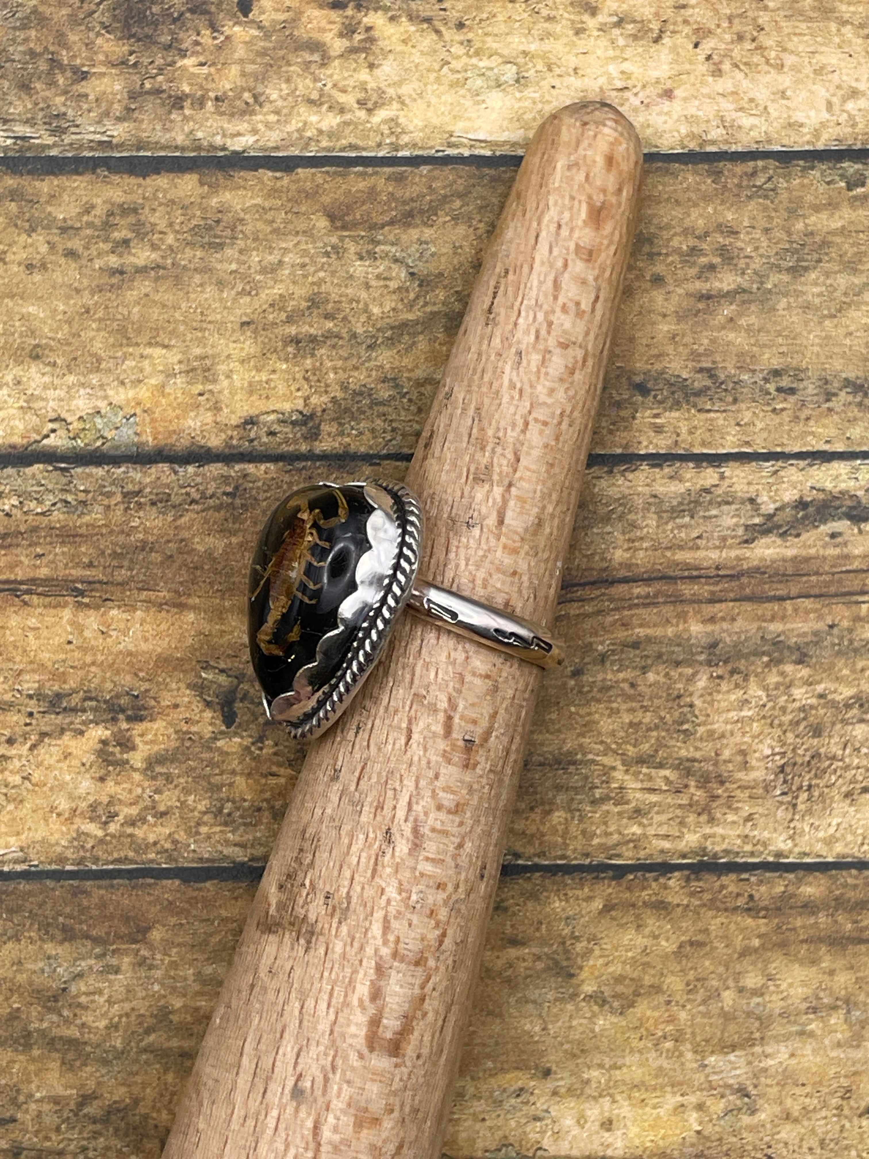 Warner-Golden Scorpion in Black Resin Heart Ring