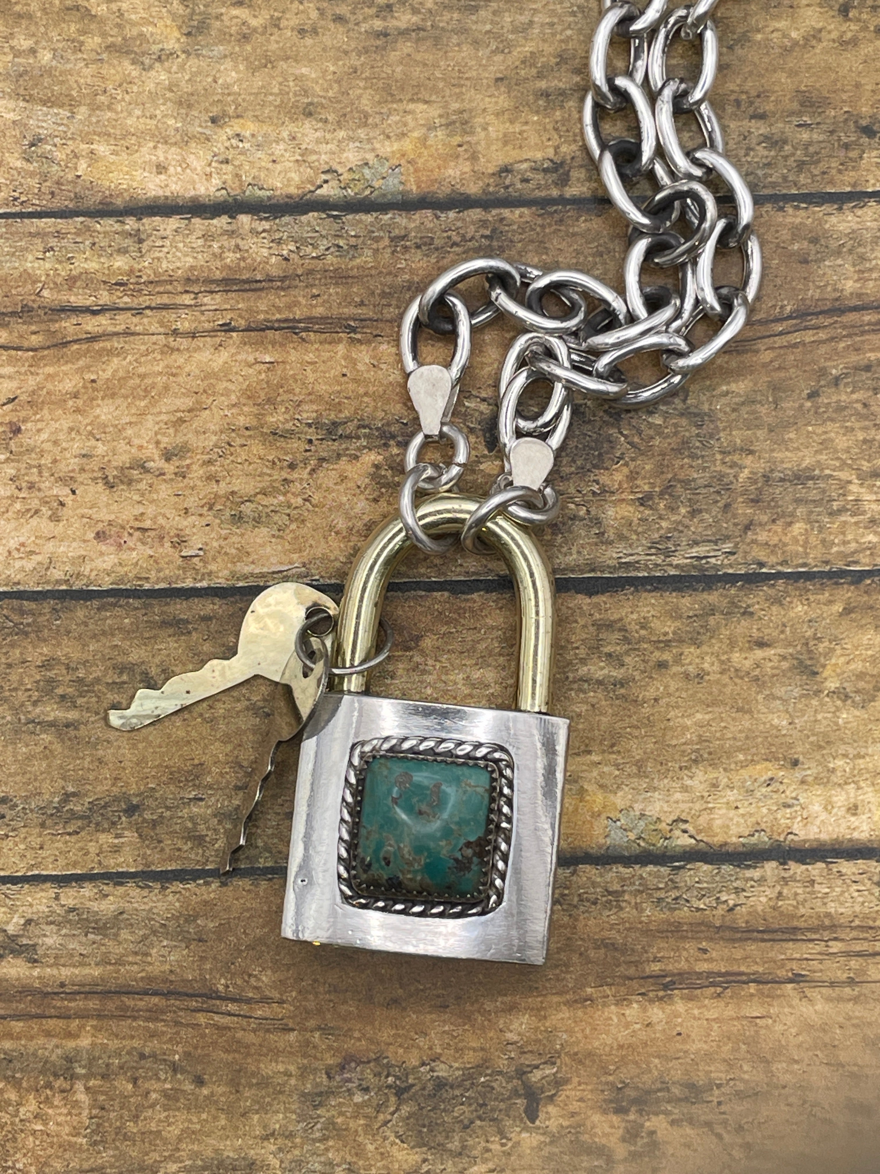 Brut-Turquoise Large Sterling Silver Padlock Pendant