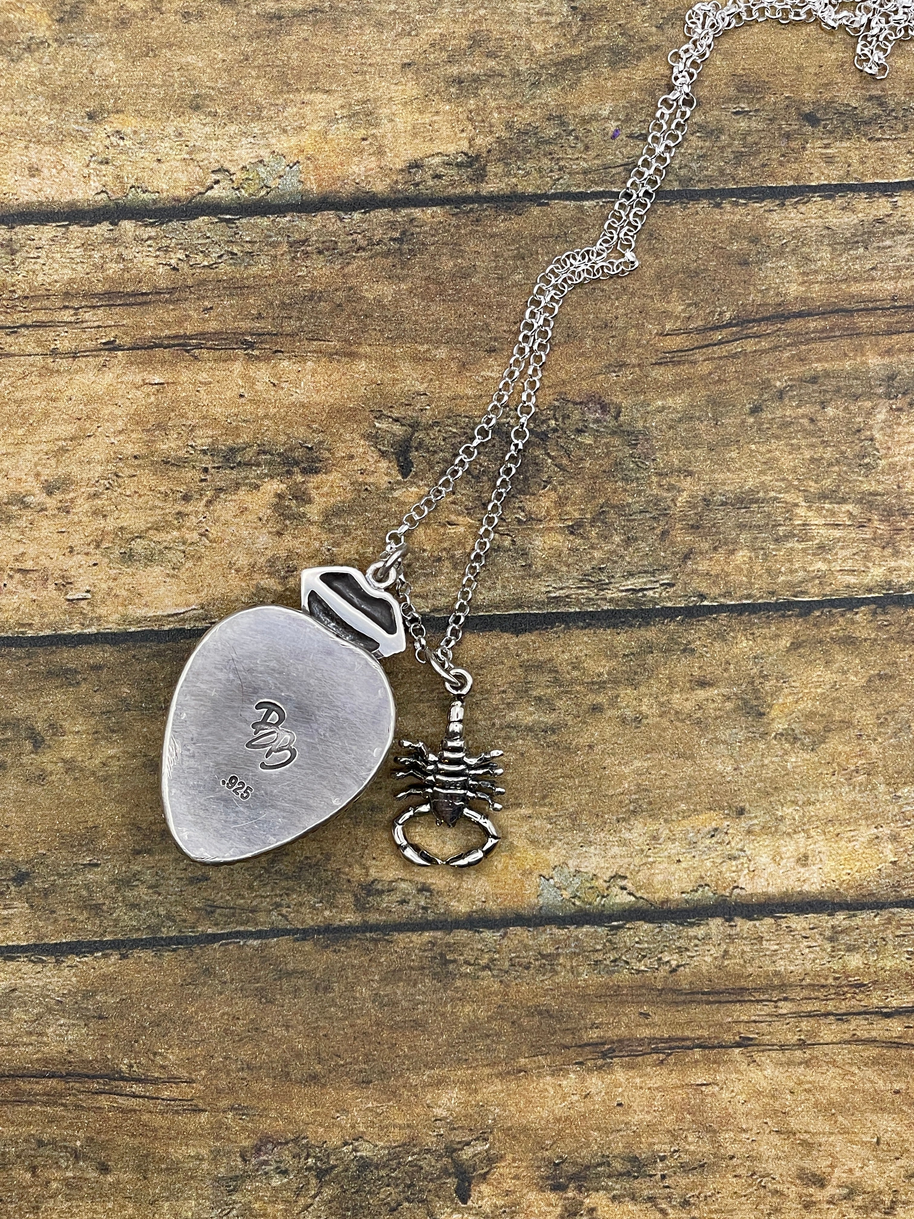 Wilma-Black Scorpion in White Resin Heart Charm Necklace with Scorpion and Fangs Charm