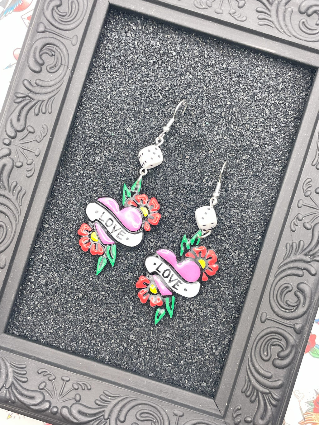 Tattoo-Love Heart Earrings with Dice Detail: Handmade, Hand-Painted Polymer Clay