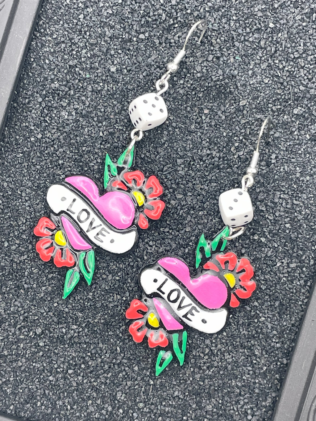Tattoo-Love Heart Earrings with Dice Detail: Handmade, Hand-Painted Polymer Clay