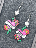 Tattoo-Love Heart Earrings with Dice Detail: Handmade, Hand-Painted Polymer Clay