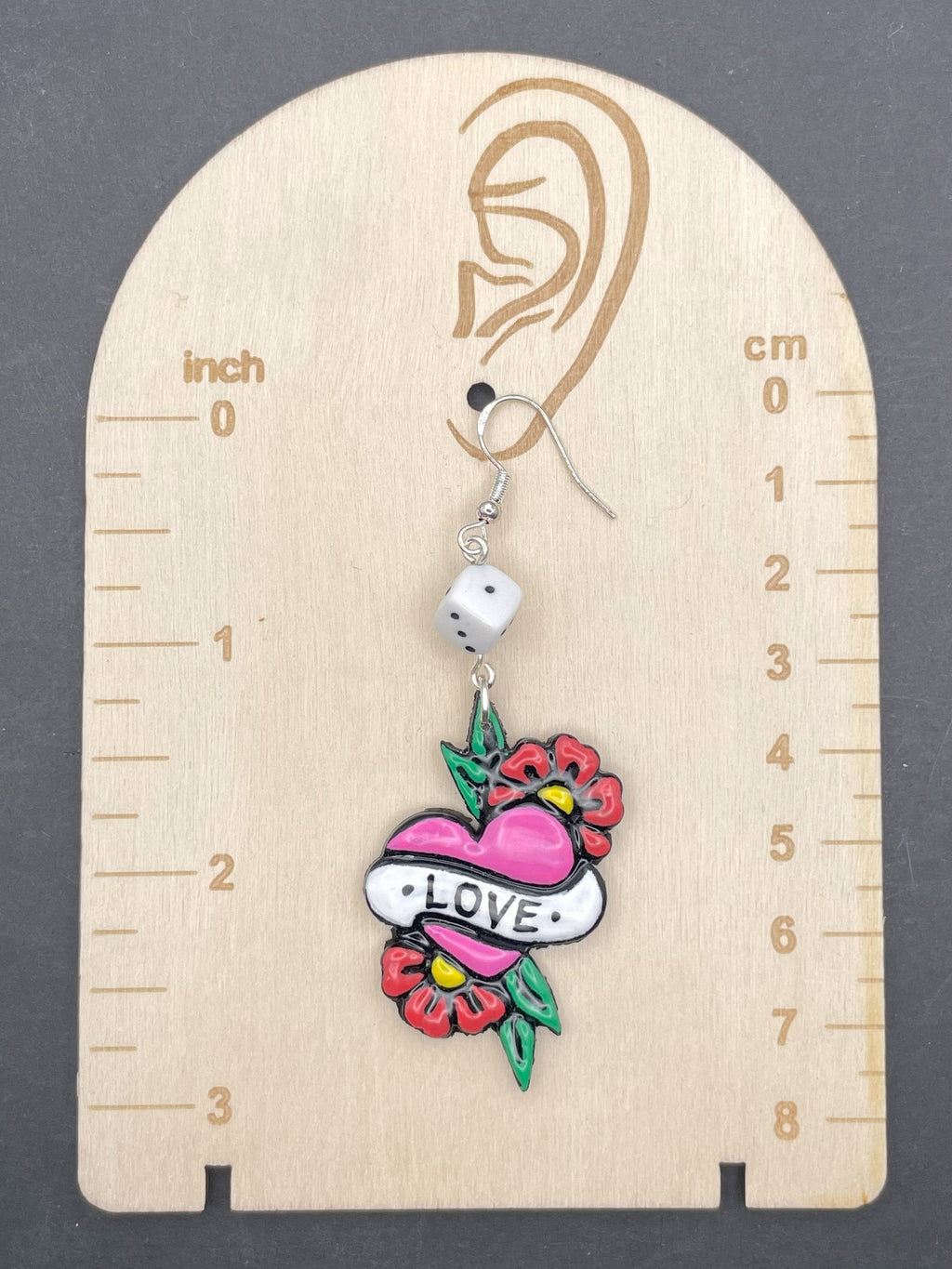 Tattoo-Love Heart Earrings with Dice Detail: Handmade, Hand-Painted Polymer Clay