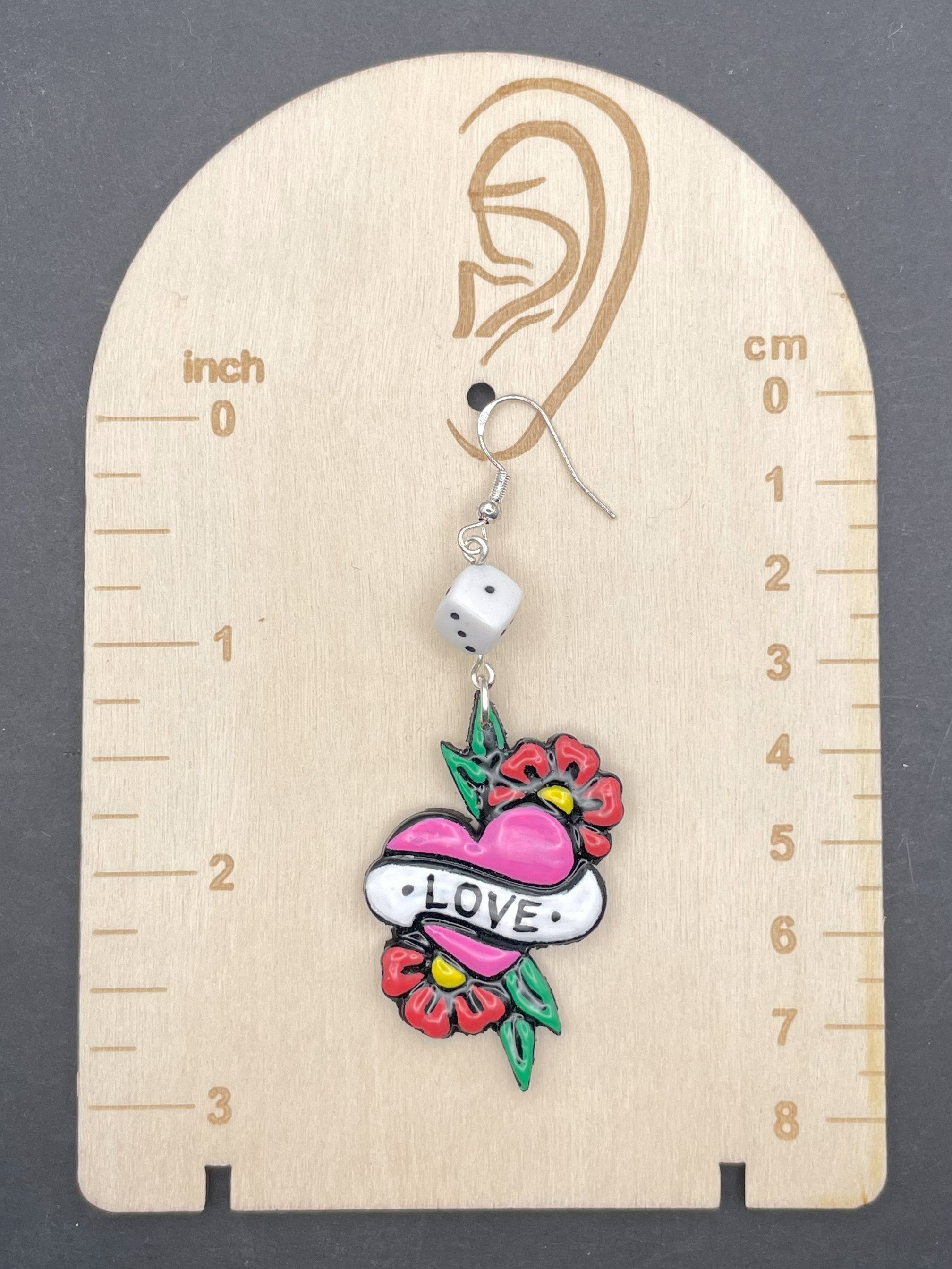 Tattoo-Love Heart Earrings with Dice Detail: Handmade, Hand-Painted Polymer Clay