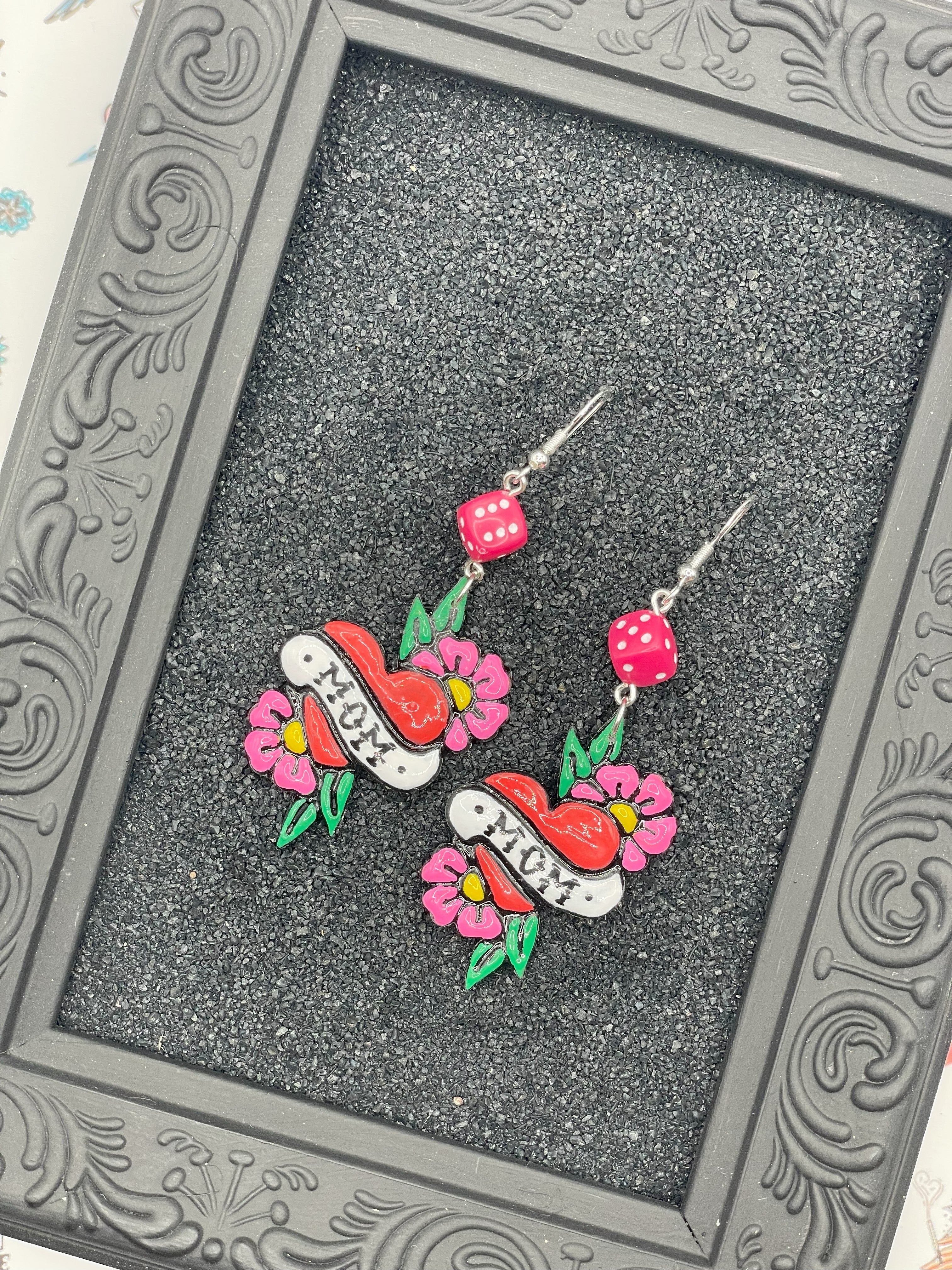 Tattoo-Mom Heart Earrings with Dice Detail: Handmade, Hand-Painted Polymer Clay