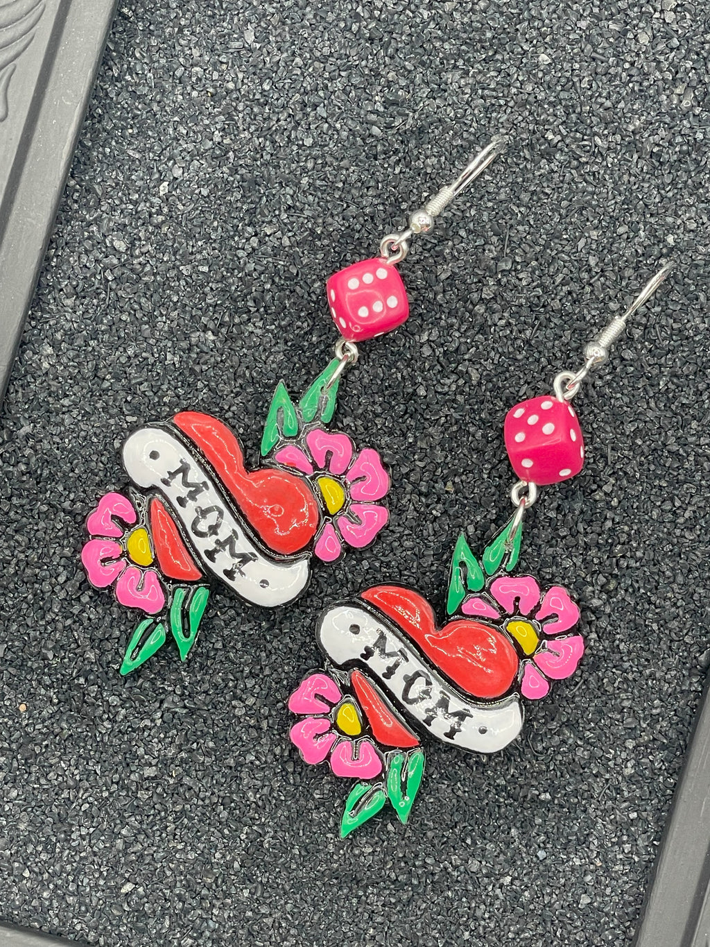Tattoo-Mom Heart Earrings with Dice Detail: Handmade, Hand-Painted Polymer Clay