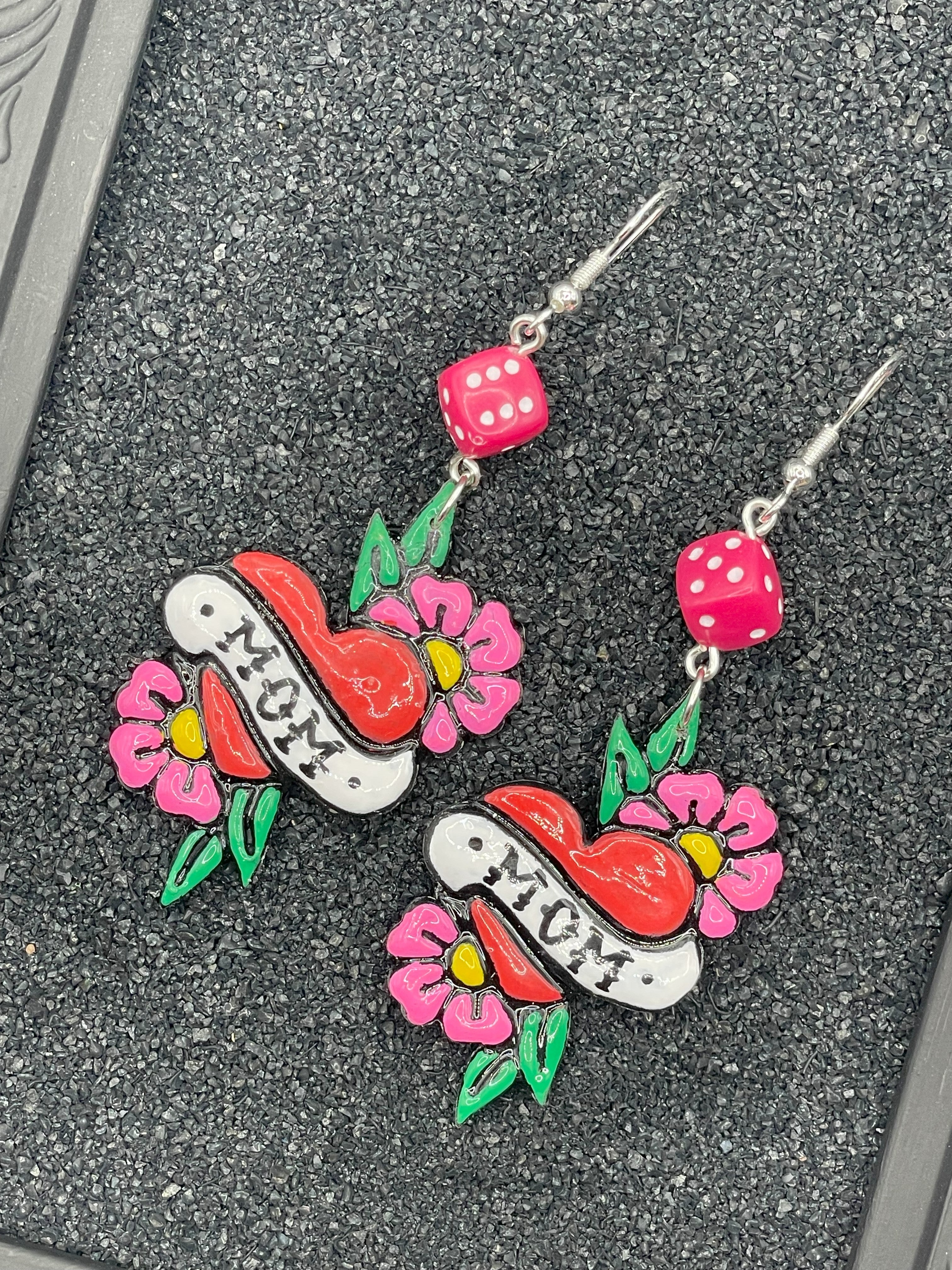 Tattoo-Mom Heart Earrings with Dice Detail: Handmade, Hand-Painted Polymer Clay