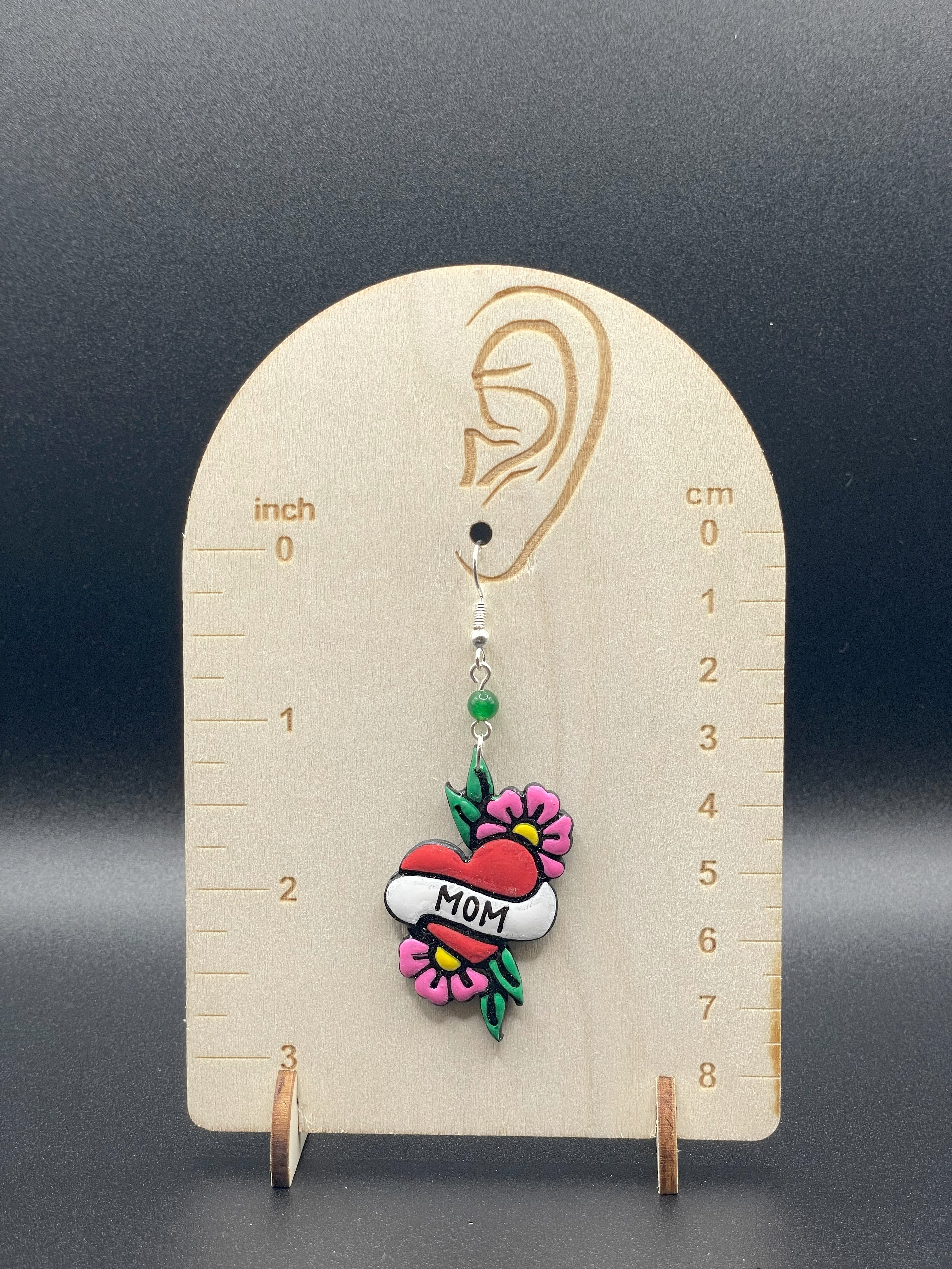 Tattoo-Mom Heart Earrings with Dice Detail: Handmade, Hand-Painted Polymer Clay