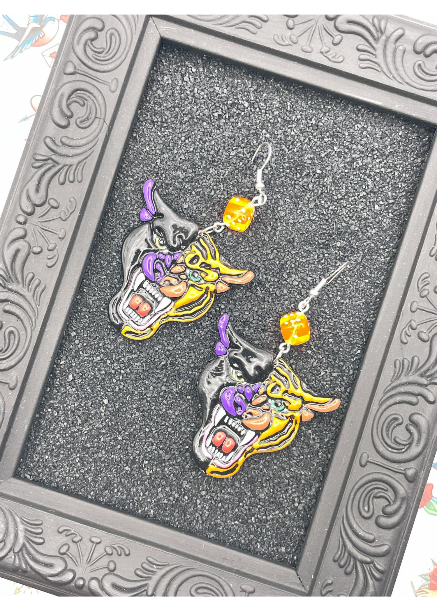Tattoo-Tattoo Panther/Tiger Earrings with Dice Detail: Handmade, Hand-Painted Polymer Clay
