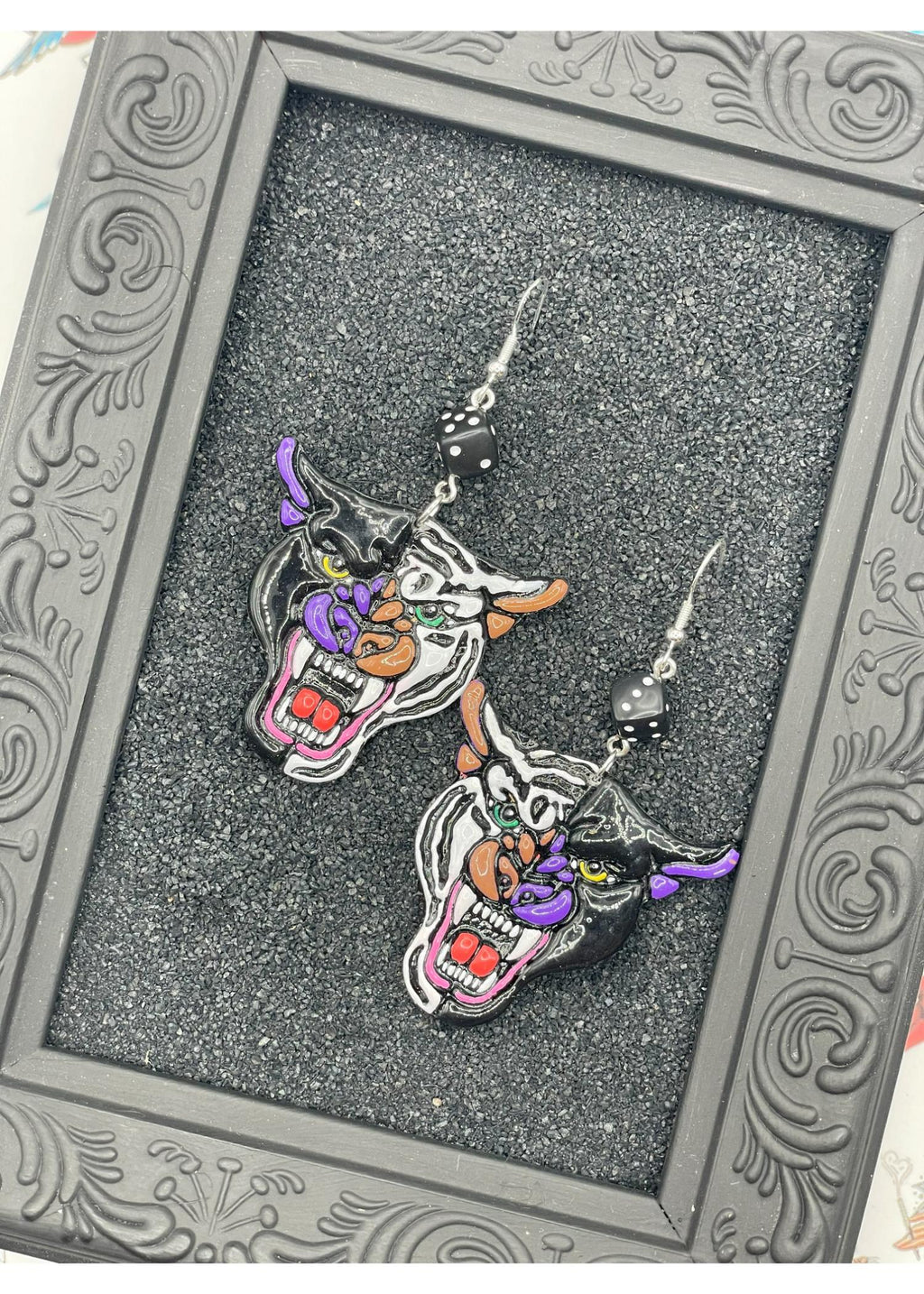 Tattoo-Tattoo Panther/Snow Tiger Earrings with Dice Detail: Handmade, Hand-Painted Polymer Clay