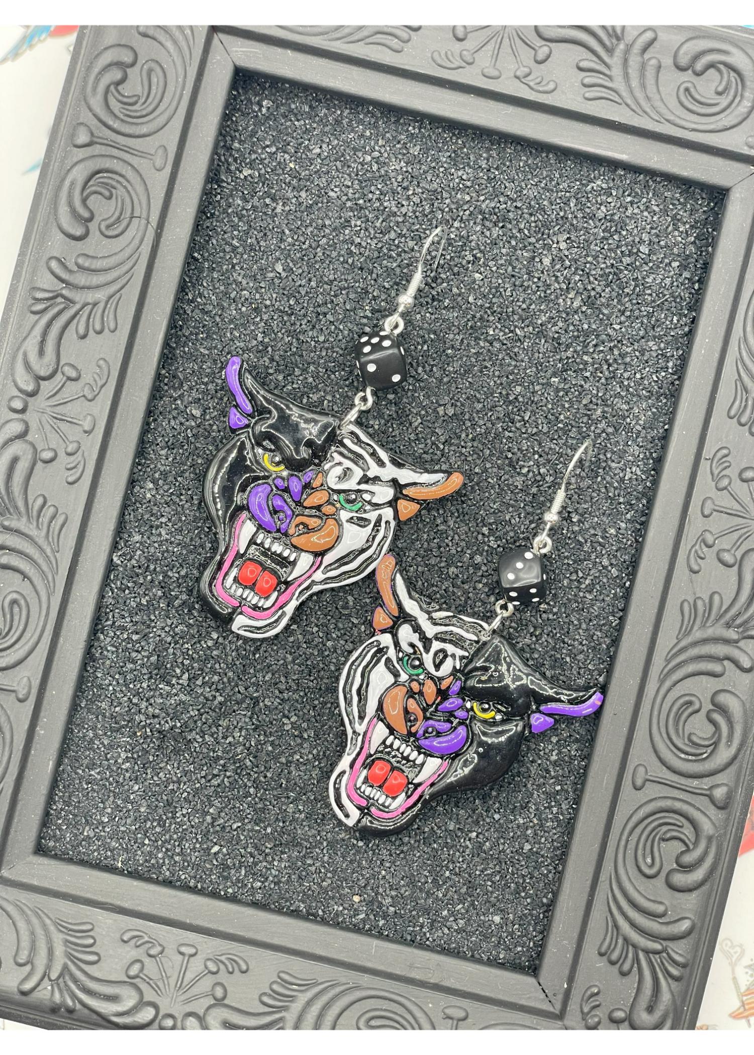 Tattoo-Tattoo Panther/Snow Tiger Earrings with Dice Detail: Handmade, Hand-Painted Polymer Clay