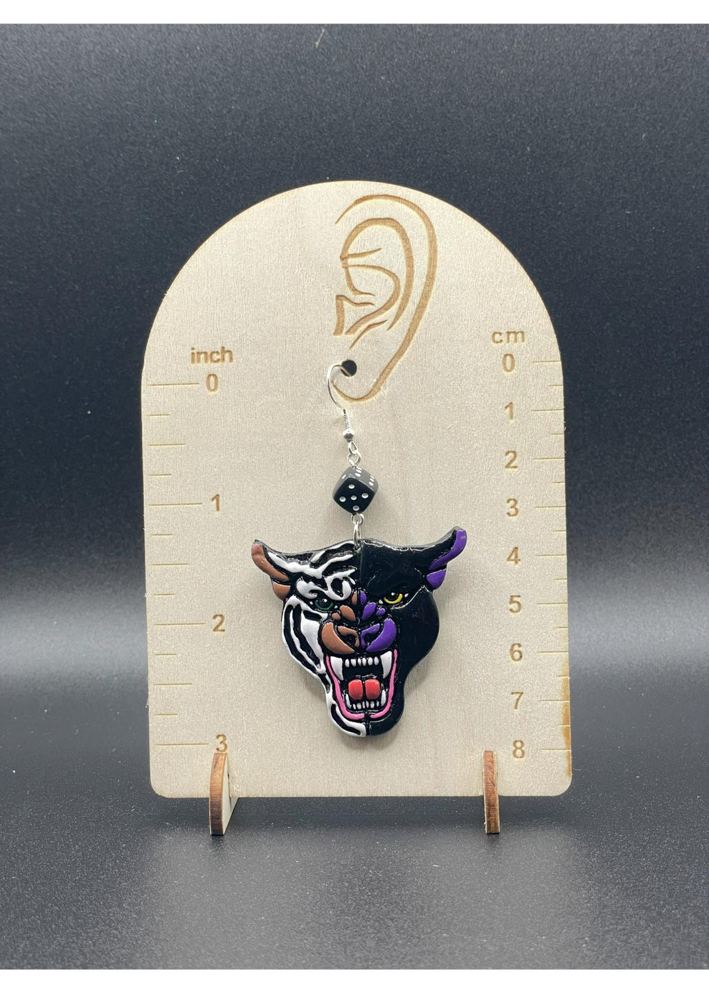 Tattoo-Tattoo Panther/Snow Tiger Earrings with Dice Detail: Handmade, Hand-Painted Polymer Clay