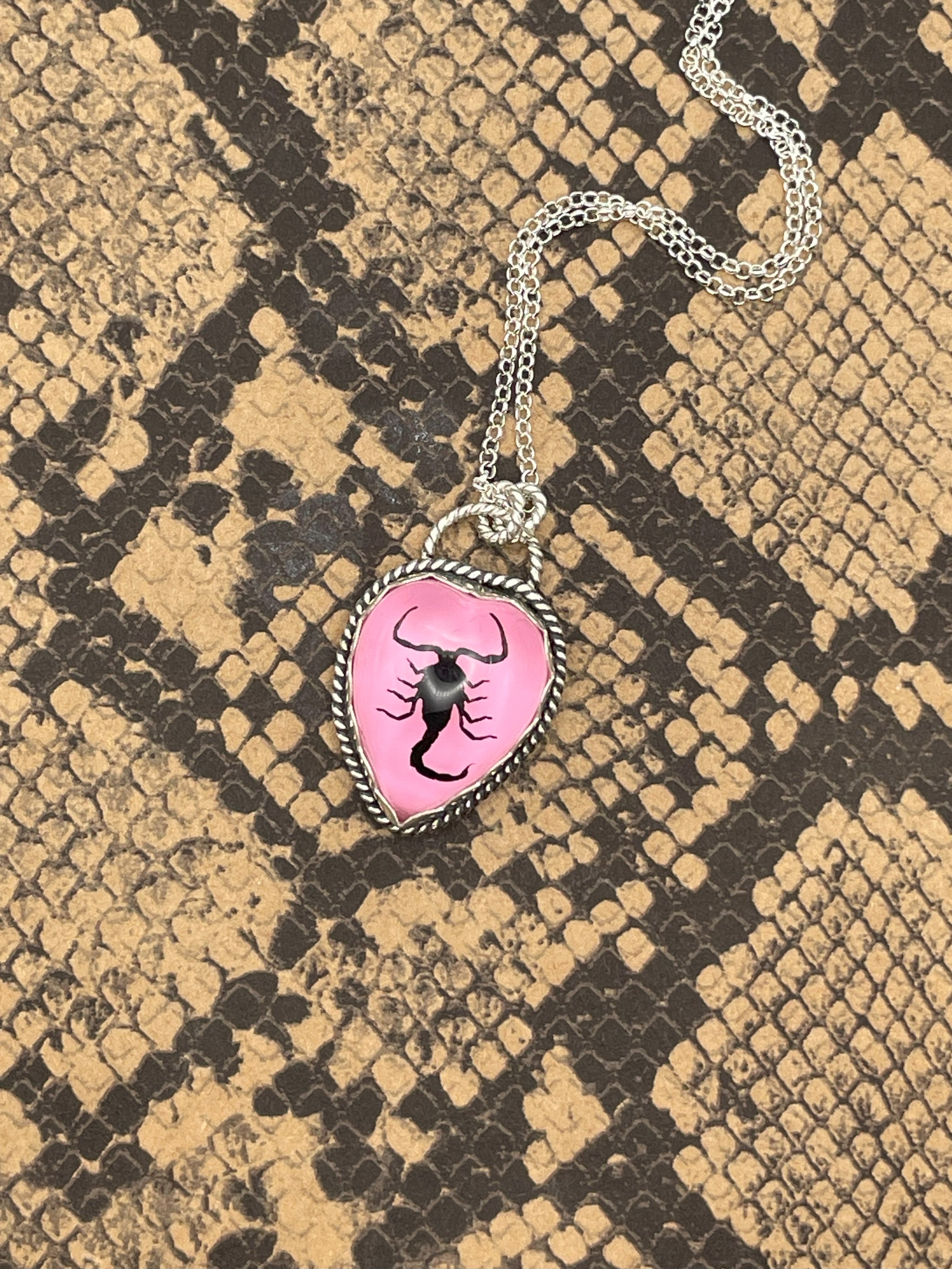 Wendy-Real Black Scorpion in Pink Resin Heart Pendant