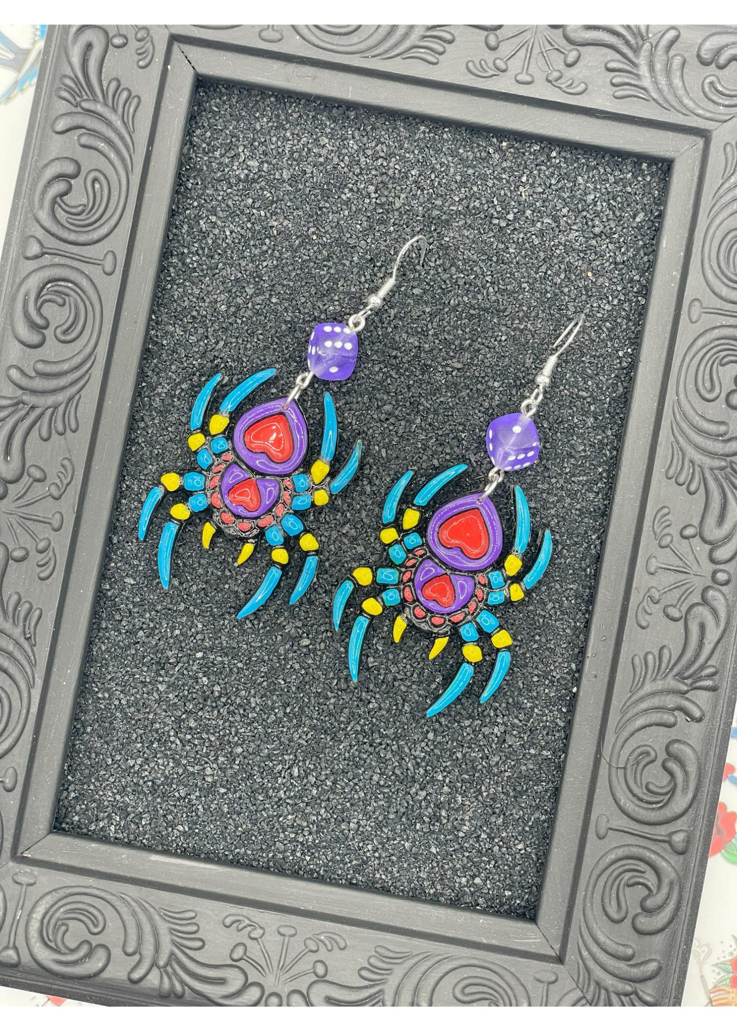 Tattoo-Spider Earrings with Dice Details: Handmade, Hand-Painted Polymer Clay